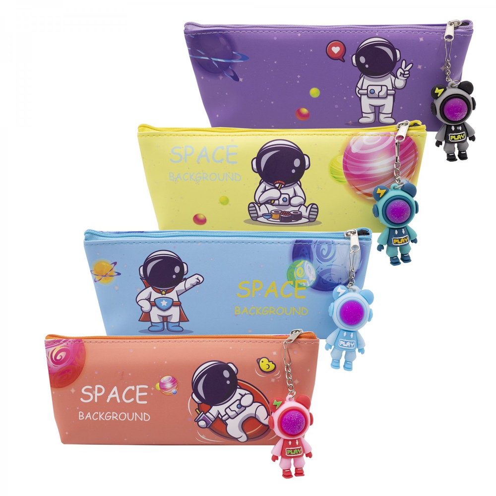 Пенал - косметичка Alingar, ПВХ, молния, 80 х 200 мм, брелок-космонавт, "Space background", микс (персик,голуб,желт,фиолет), космонавт
