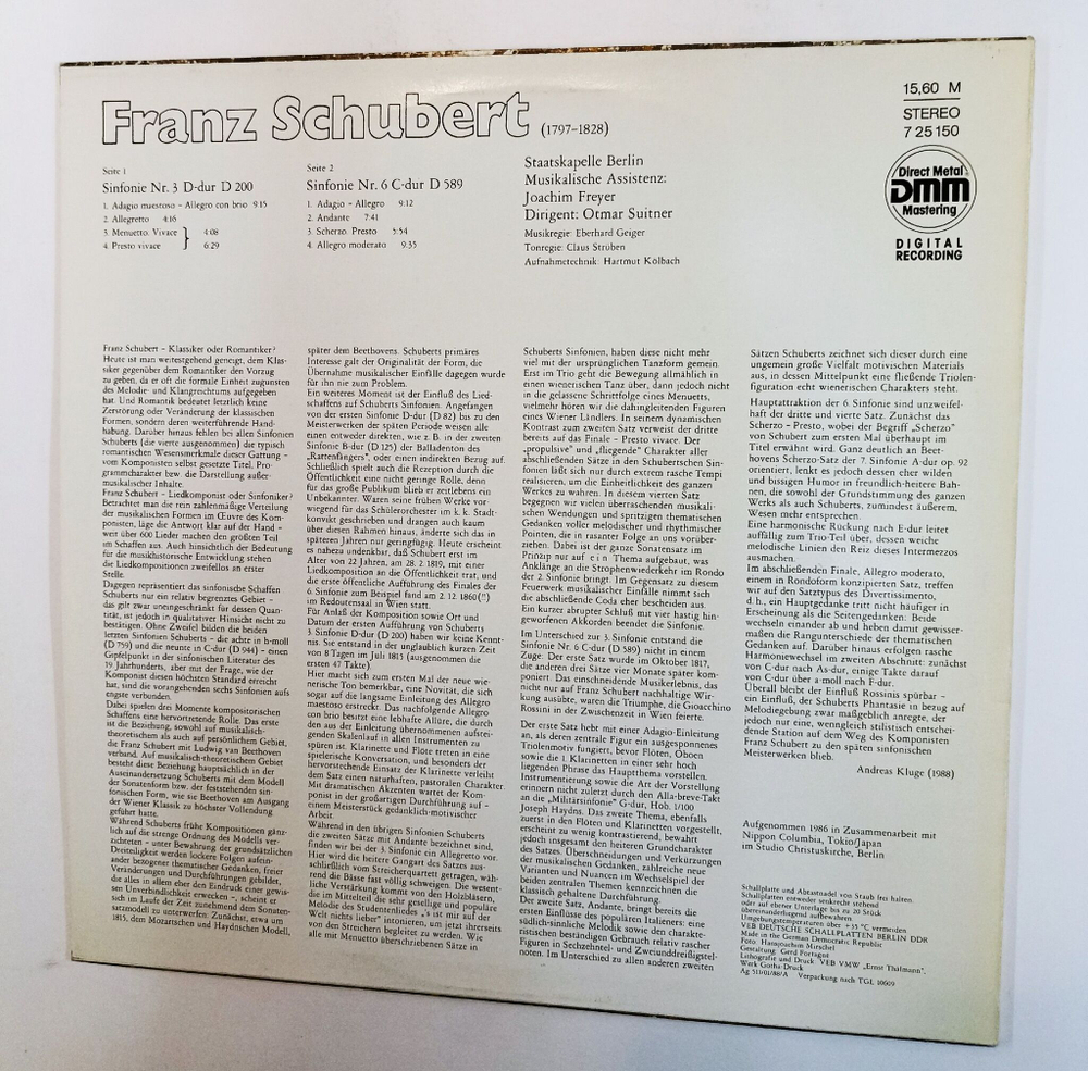 Винтажная виниловая пластинка LP Schubert Шуберт, Staatskapelle Berlin, Otmar Suitner Sinfonie Nr. 3 D dur D200 Sinfonie Nr. 6 C dur D589 (ГДР 1988)
