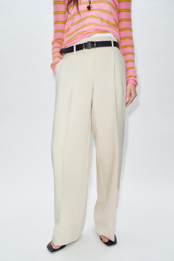 ZARA ПРЯМЫЕ БРЮКИ С ЗАЩИПАМИ И РЕМНЕМ, КОСТЯНОЙ