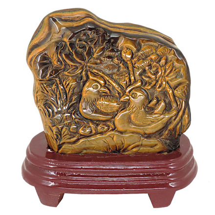 Панно на подставке "Уточки-мандаринки" тигровый глаз