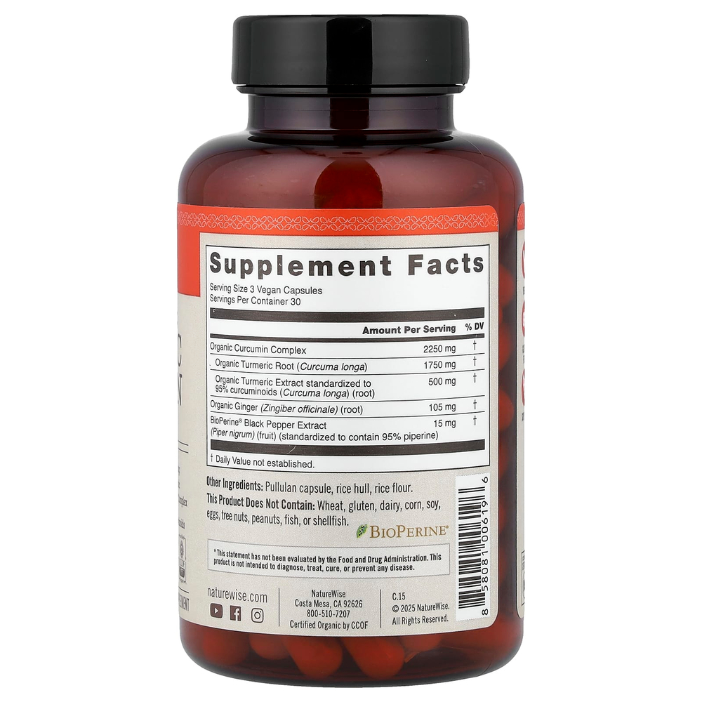 NatureWise, куркумин из органической куркумы, 90 веганских капсул