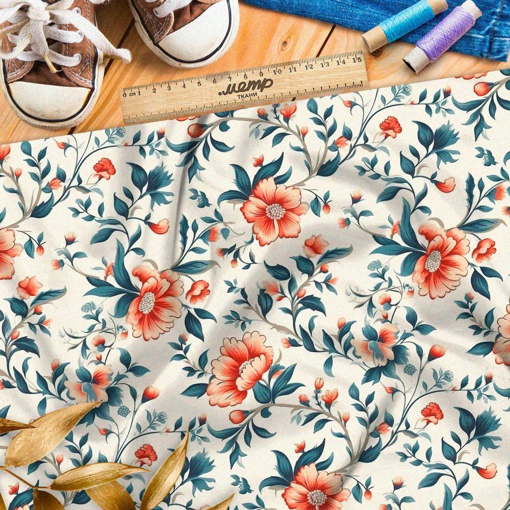 Ткань премиум интерлок весенняя цветочная иллюстрация