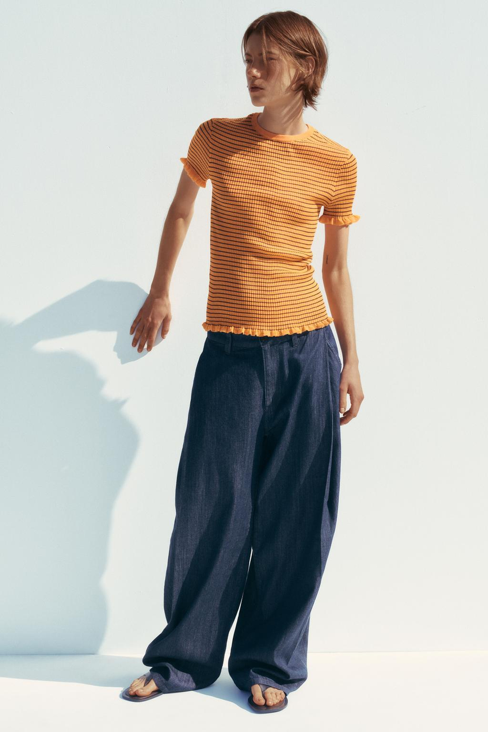 ZARA ТОП ИЗ ТРИКОТАЖА В РУБЧИК В ПОЛОСКУ, ОРАНЖЕВЫЙ