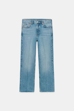 ZARA УКОРОЧЕННЫЕ ДЖИНСЫ-КЛЕШ СО СРЕДНЕЙ ПОСАДКОЙ — ZW COLLECTION, ЛИНЯЛЫЙ СИНИЙ