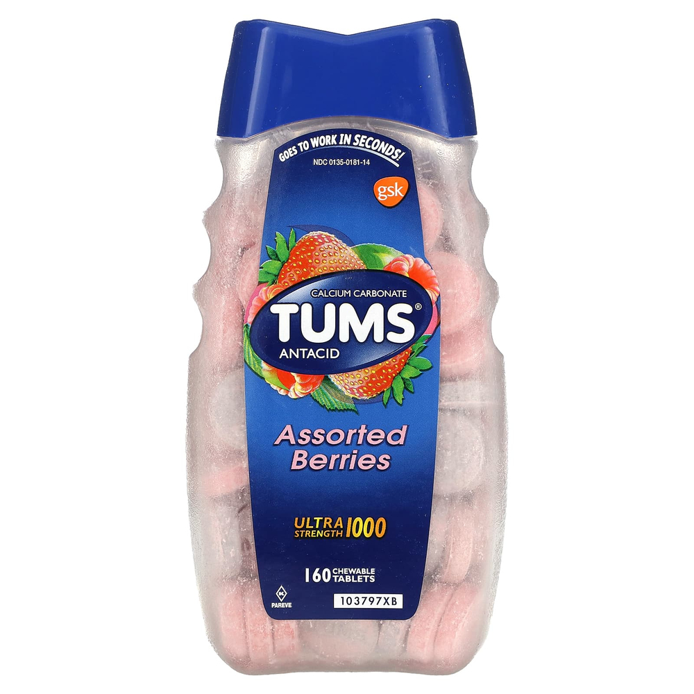 Tums, Сверхсильный антацид, ягодное ассорти, 1000 мг, 160 жевательных таблеток