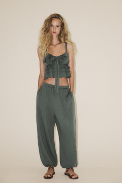 ZARA ТОП С ВОЛАНАМИ И БАНТОМ, ЗЕЛЕНЫЙ