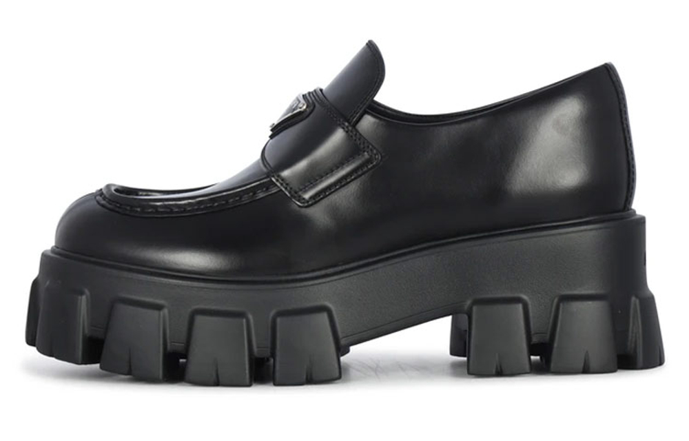 PRADA Brushed Leather Monolith Loafers "Black" Women"s