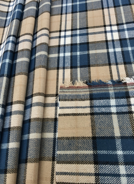 Костюмная принт клетка, беж/голубой, хлопок, вискоза