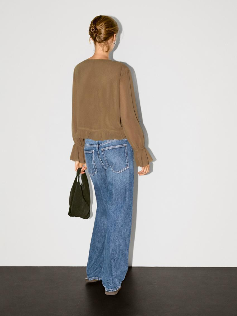 Massimo Dutti Рубашка из рельефной ткани с воланами, светлый хаки