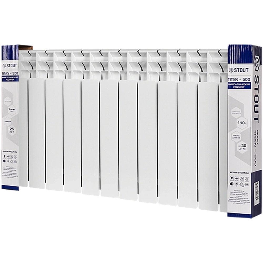 Радиатор биметаллический STOUT TITAN 500 - 12 секций (подключение боковое, цвет белый)