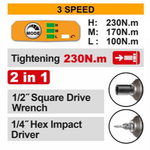 Аккумуляторный бесщеточный ударный гайковерт, импульсный винтоверт INGCO CIWLI20236 20 В 1/2" 1/4" 230 Нм