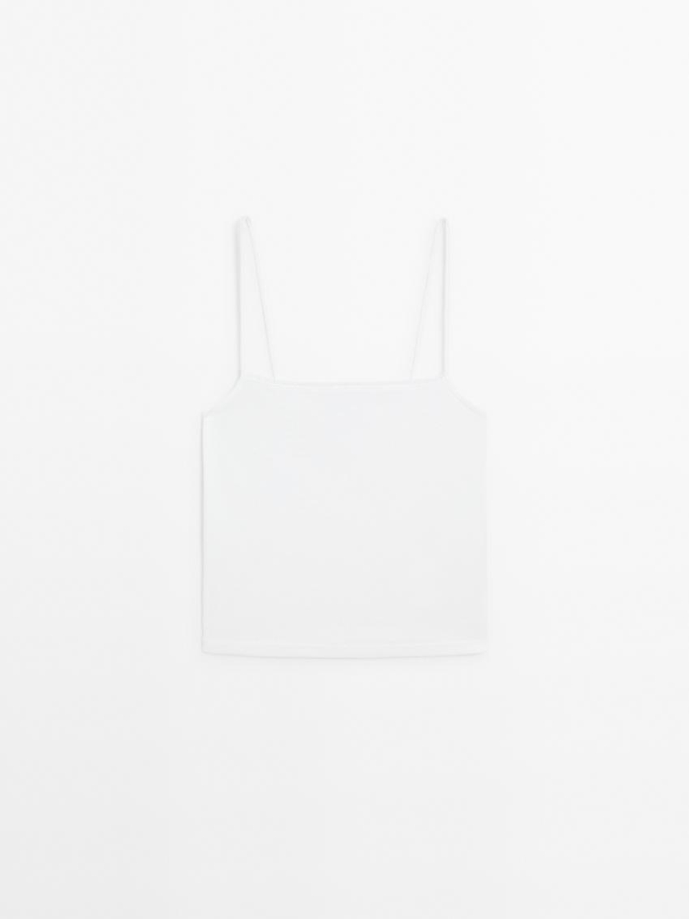 Massimo Dutti Трикотажный топ на бретелях с кружевом, натуральный, кремовый