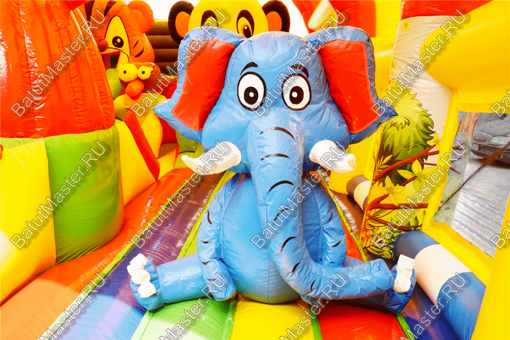 Надувной батут "Зверята с крышей 3" со скалодромом, 11*7*6 м