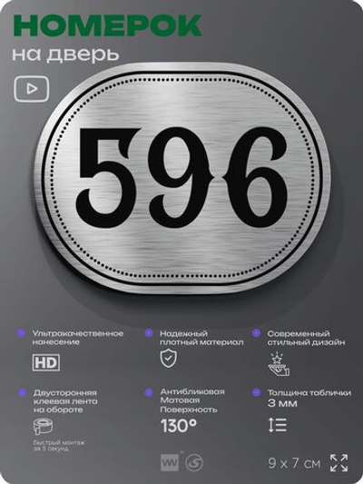 Номерок на дверь квартиры 596, для кабинета, офиса, шильдик 9 х 7 см, серебристый, Айдентика Технолоджи