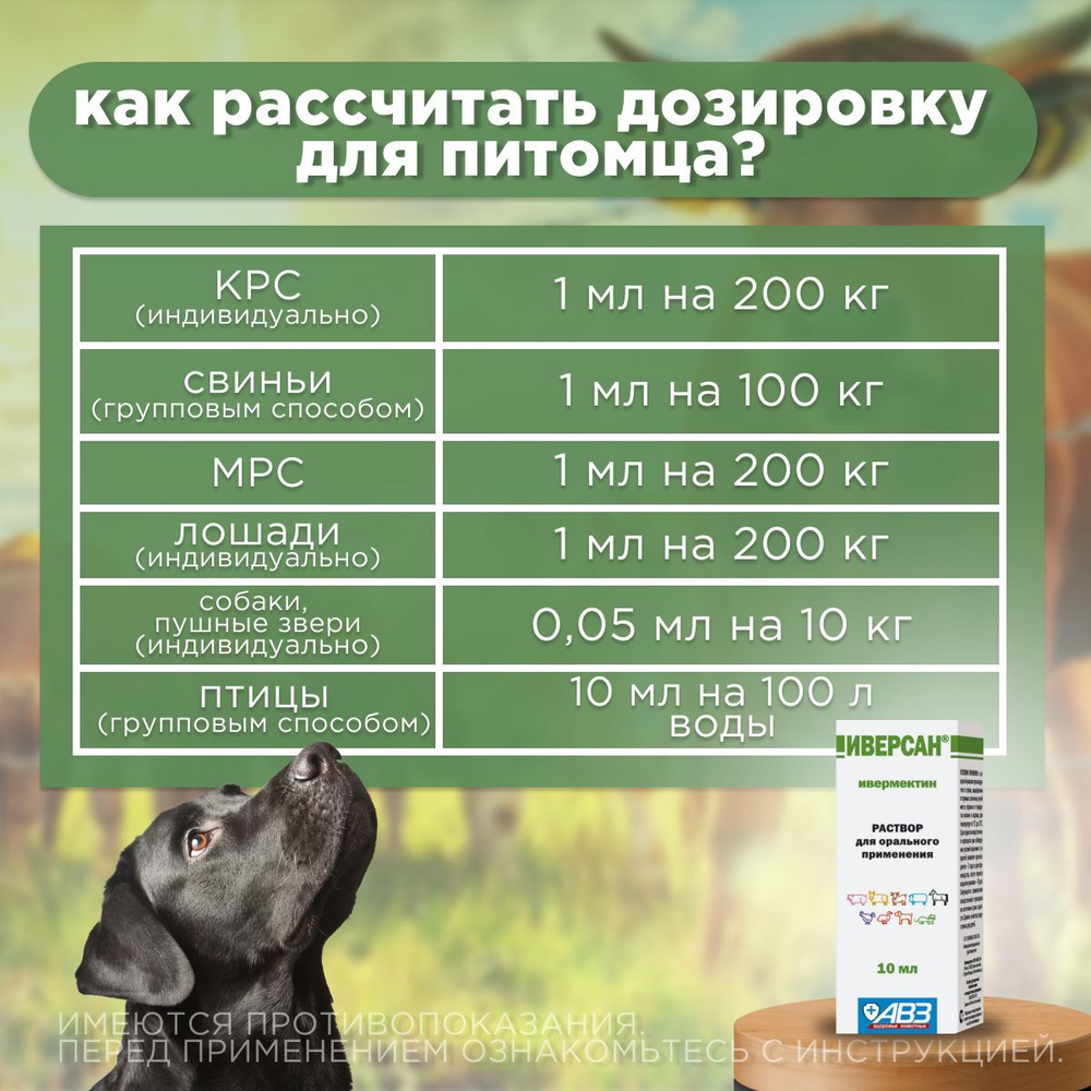 Раствор для орального применения от внутренних и наружных паразитов для сельскохозяйственных животных, птицы, пушных зверей и собак Иверсан (АВЗ), 10мл Ивермектин