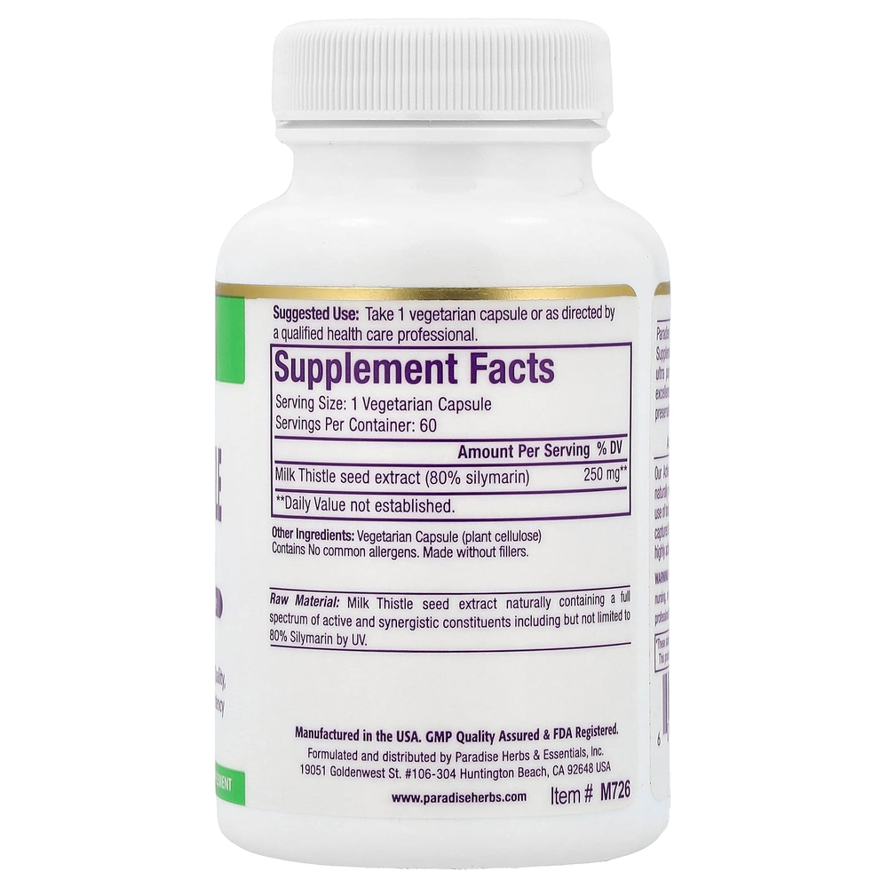 Paradise Herbs, Экстракт расторопши, 60 вегетарианских капсул (250 мг на капсулу)
