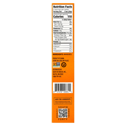 South Forty Snack Company, фруктовый батончик, 100% манго, 5 батончиков по 35 г (1,2 унции)