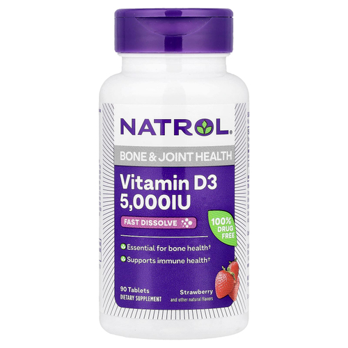 Natrol, витамин D3, со вкусом клубники, 5000 МЕ, 90 таблеток