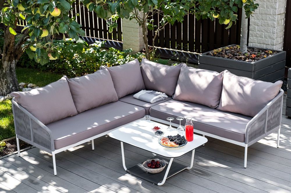 "Канны" диван модульный плетеный из роупа, каркас алюминий белый, роуп светло-серый круглый, ткань светло-серая