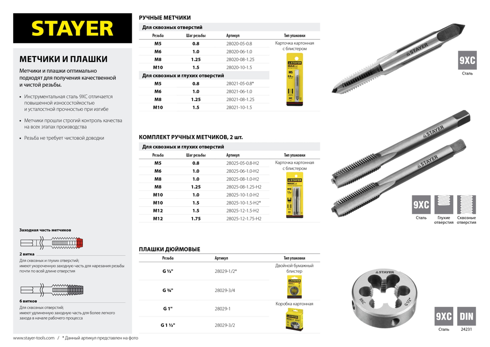 STAYER M12 х 1.5, 2 шт, комплект метчиков (28025-12-1.5-H2)