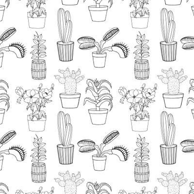 Seamless pattern of flowerpots, cacti in pots.