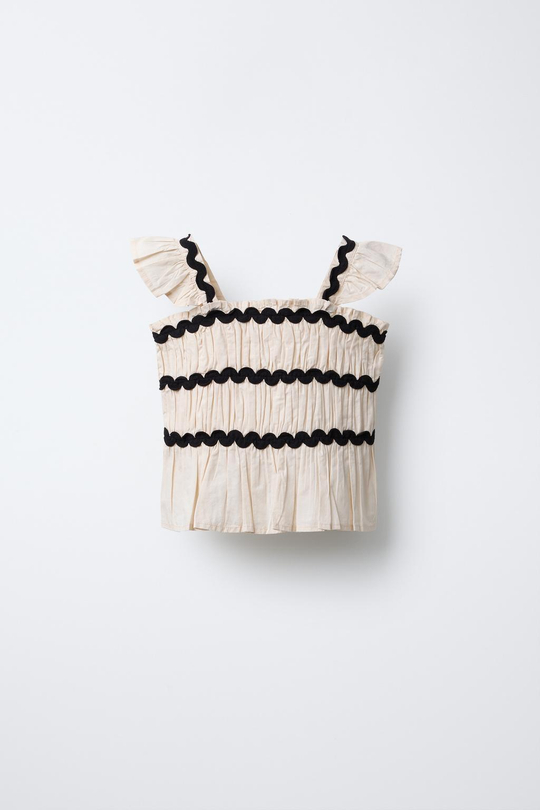 ZARA ТОП С КОНТРАСТНОЙ ВОЛНИСТОЙ ОТДЕЛКОЙ, ЭКРЮ