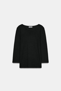 ZARA ФУТБОЛКА ИЗ ЛЬНА С ЭФФЕКТОМ ПОТЕРТОСТИ, ЧЕРНЫЙ