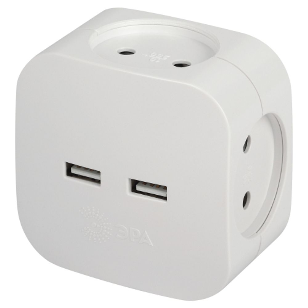Разветвитель электрический ЭРА SP-4-USB-W на 4 розетки + 2xUSB 2400mA без заземления 10А белый | Тройники