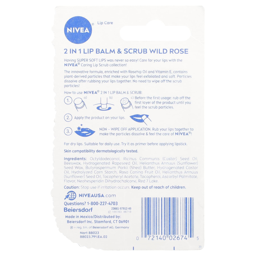 Nivea, Бальзам и скраб 2 в 1, шиповник, 4,8 г (0,17 унции)