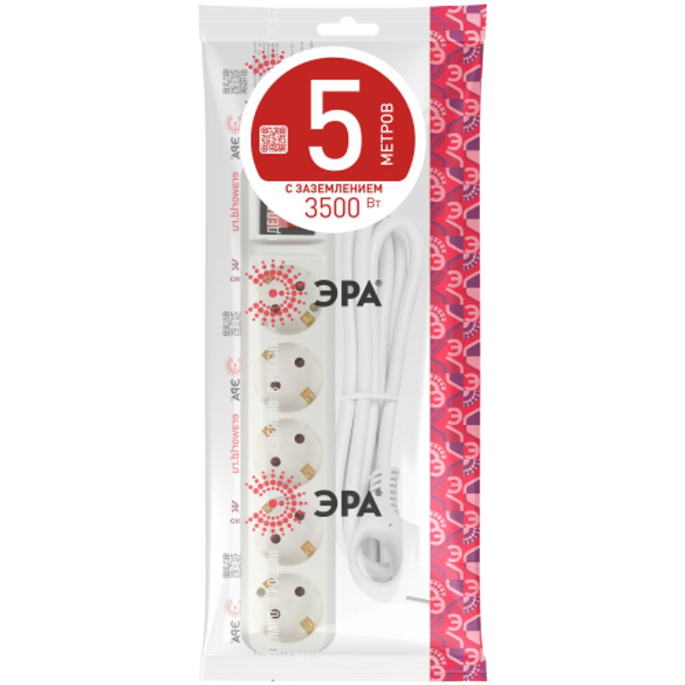 Удлинитель электрический ЭРА U-5es-5m-3x1 с заземлением с выключателем 5 розеток 5м ПВС 3x1мм2 16А