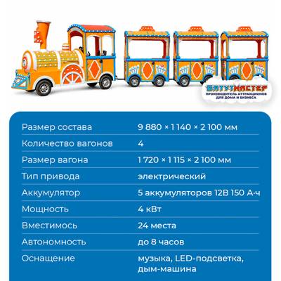Паровозик для ребёнка «Яркий бульвар», 4 вагона, 24 места