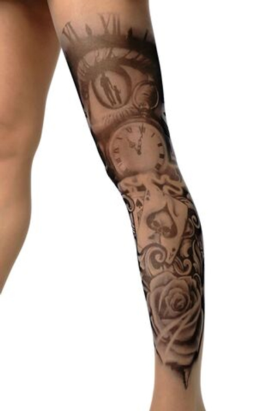 Колготки +size с имитацией татуировки на всю левую ножку (Размер: XL-XXL) (Цвет: бежевый)