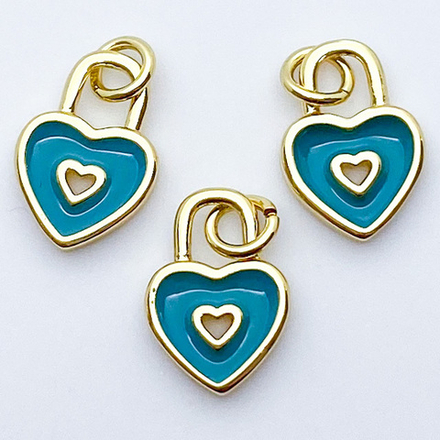 Подвеска Замочек Сердце, цвет золото+бирюзовый, размер 12*9 мм, цена за 1 шт