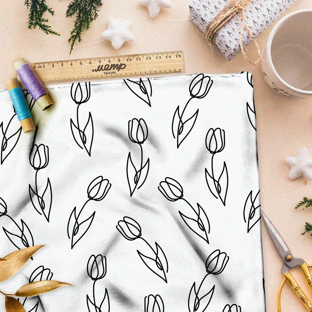 Ткань шифон простые эскизы тюльпанов на бежевом фоне