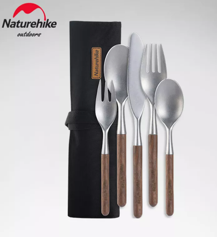 Набор столовых приборов Naturehike 5 в 1 (нож, 2 вилки, 2 ложки), нержавеющая сталь, орех, в чехле