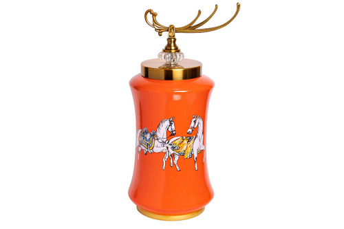 Ваза Garda Decor керамическая с крышкой оранжевая (принт "Лошади")