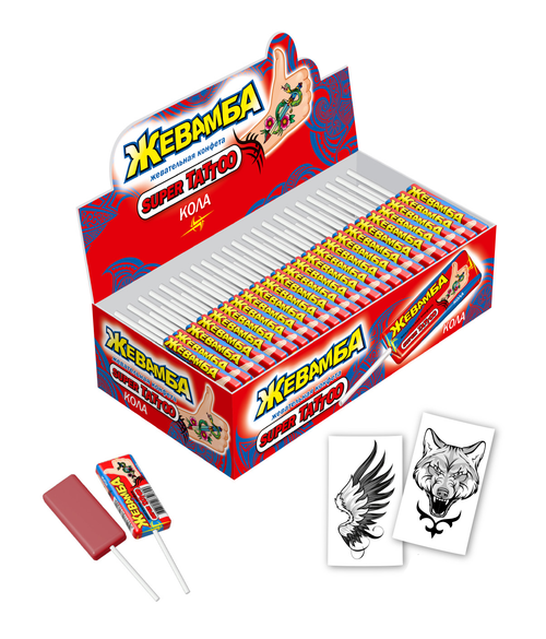 Жевательная конфета "Жевамба SUPER TATTOO" кола 10гр*50шт*12 блоков.