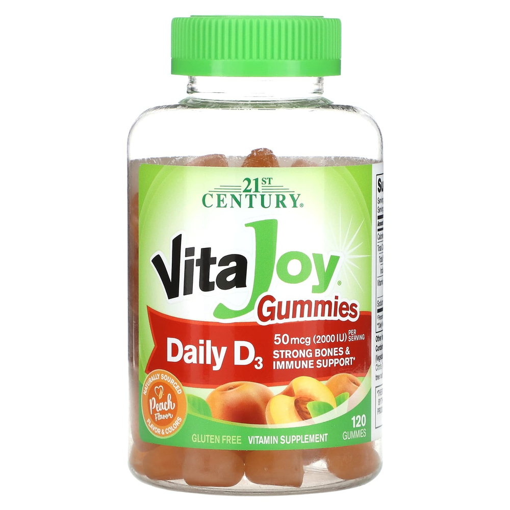 21st Century, VitaJoy®, ежедневные жевательные таблетки с витамином D3, со вкусом персика, 120 жевательных таблеток (25 мкг (1000 МЕ) в 1 жевательной таблетке)