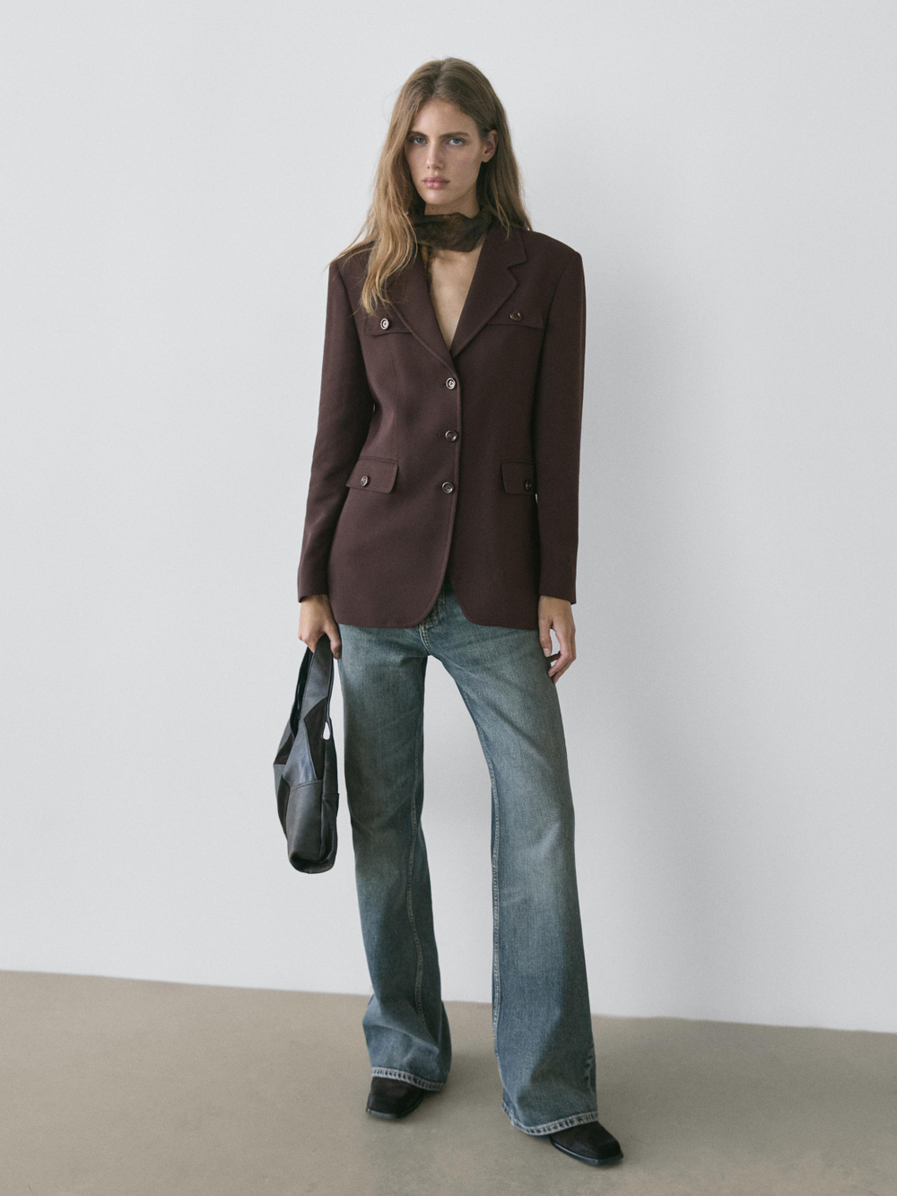 Massimo Dutti Пиджак с карманами и воротником с лацканами, шоколадный