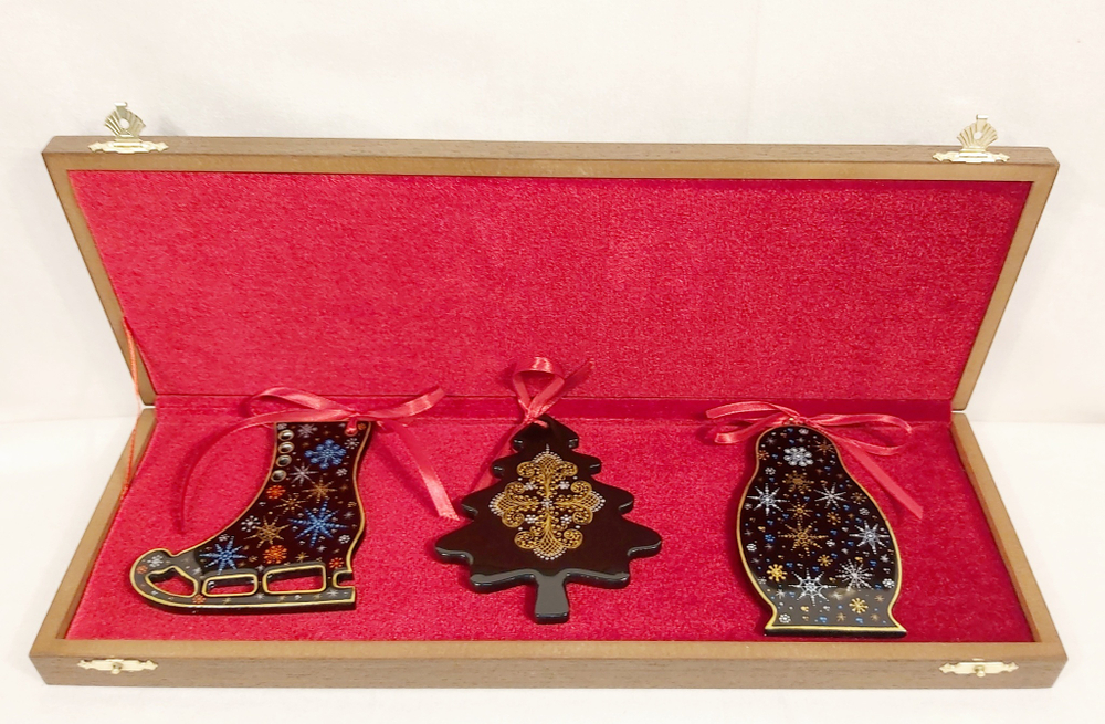 Набор из 3-х ёлочных игрушек  "Русская зима" с росписью Палех