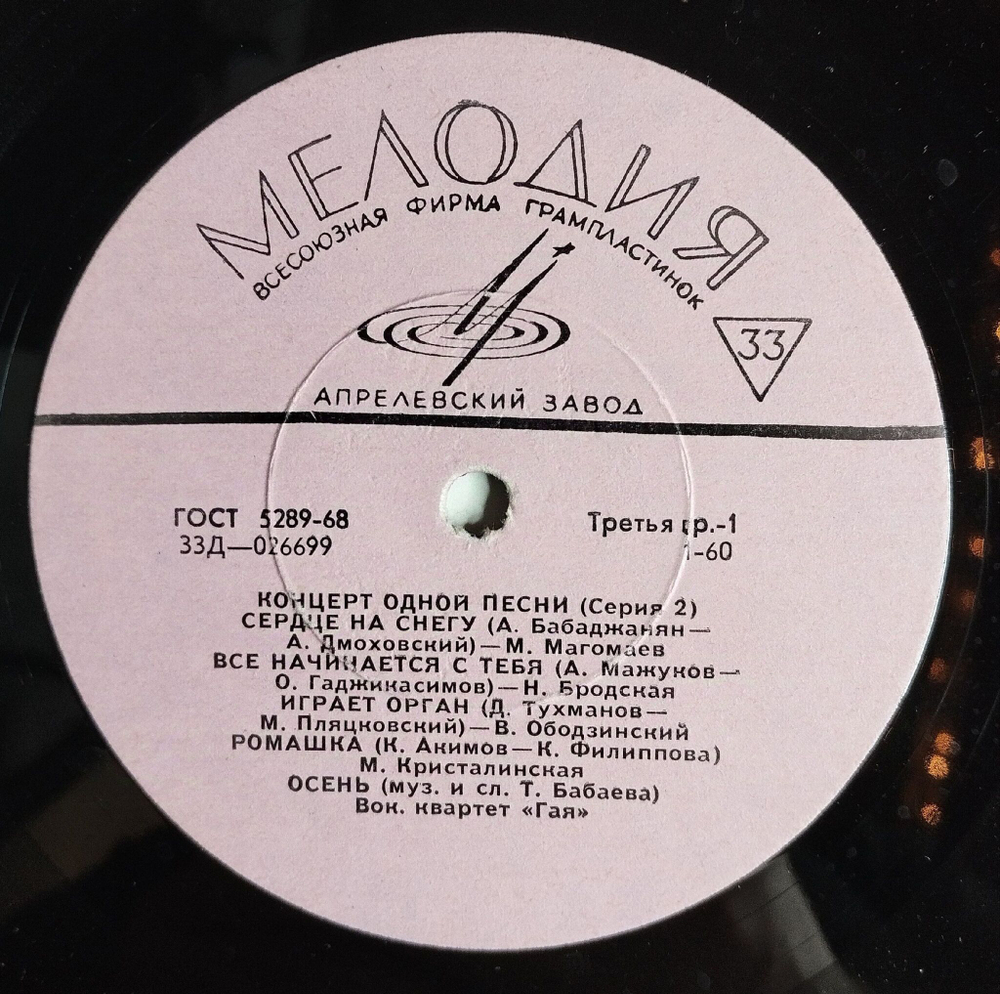 Винтажная виниловая пластинка LP Сборник Концерт Одной Песни (Серия 2) (СССР 1969) (Магомаев, Бернес, Ободзинский, Гая, Кристалинская)