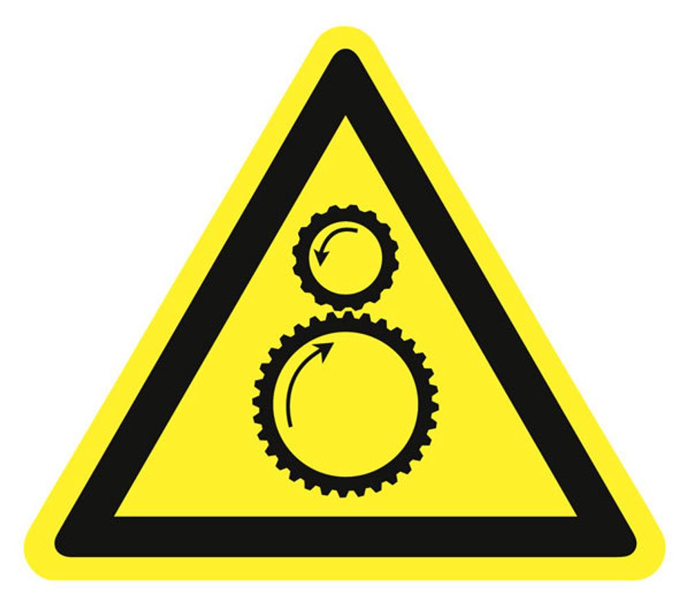 Знак на пластике W-29 &quot;Осторожно. Возможно затягивание между вращающимися элементами&quot;