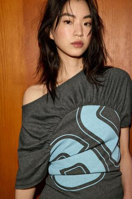 ZARA ФУТБОЛКА С НОМЕРОМ И СБОРКАМИ, СЕРЫЙ