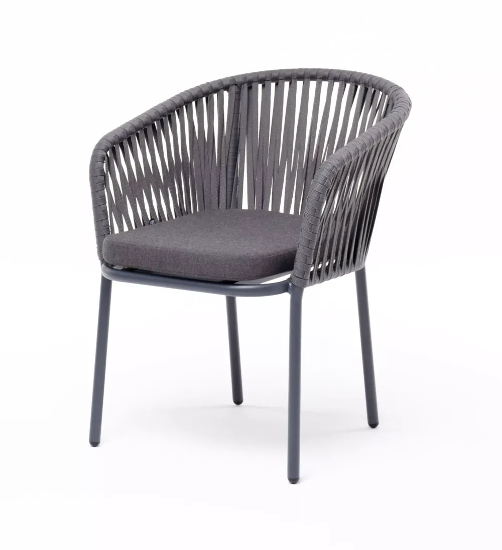 "Бордо" стул плетеный из роупа, каркас алюминий серый (RAL7022) муар, роуп серый 15мм, ткань темно-серая 027