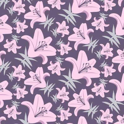 Купить цветочную ткань с лилиями. Принт Сиреневые крупные лилии. Beautiful lily flowers fabric print