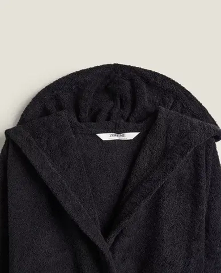 ZARA HOME ХАЛАТ ИЗ ХЛОПКА С КАПЮШОНОМ, ЧЕРНЫЙ