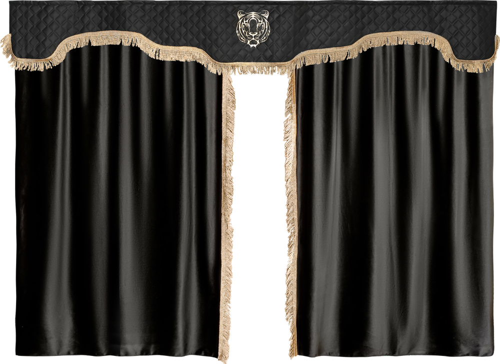 Шторы спального места с ламбрекеном в кабину грузовика. Ламбрекен из экокожи с вышивкой Тигр. Блэкаут, велюр. Черный цвет с бежевой бахромой. Высота 1,5м, ширина одной стороны - 1,15м. Блэкаут, велюр. Черный цвет с бежевой бахромой