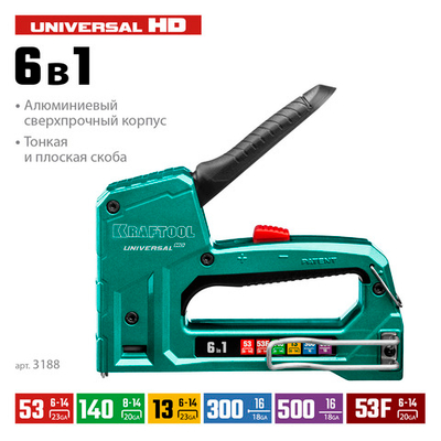 KRAFTOOL Universal-HD, 6-в-1: 53 (A/10/JT21) 23GA (6 - 14 мм)/140 (G/11/57) 20GA (8 - 14 мм)/13/53F/300/500, универсальный алюминиевый степлер (3188)