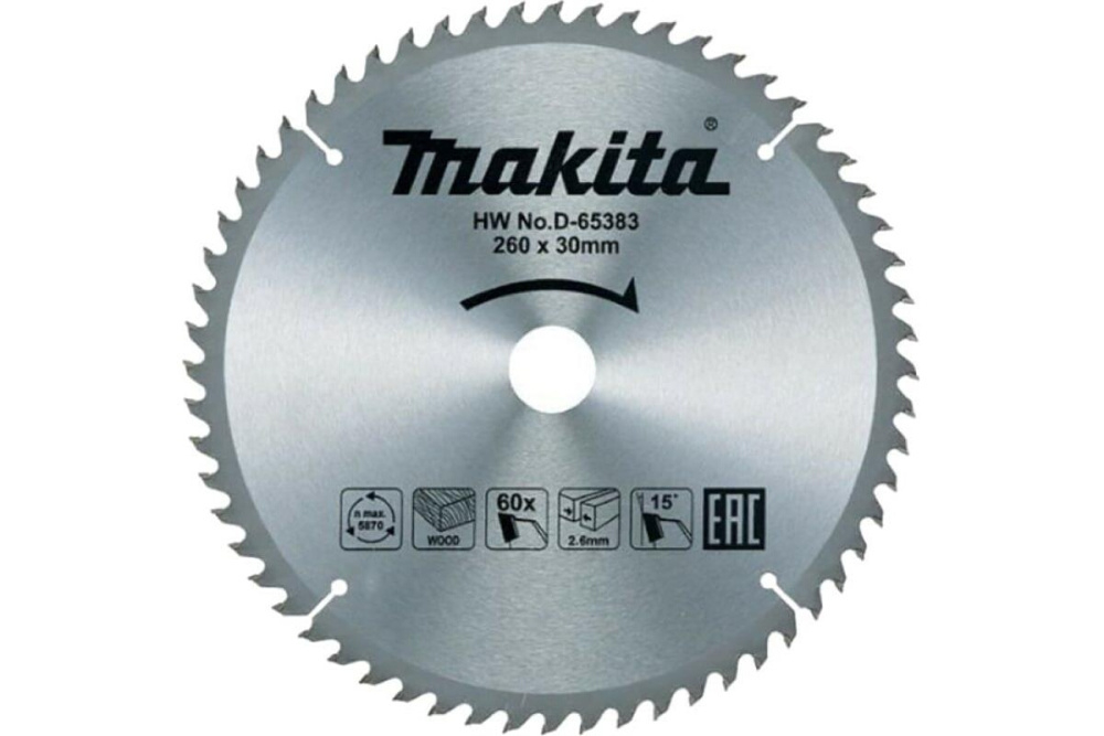 Пильный диск для дерева, 260x30x2.6/1.8x60T Makita D-65383
