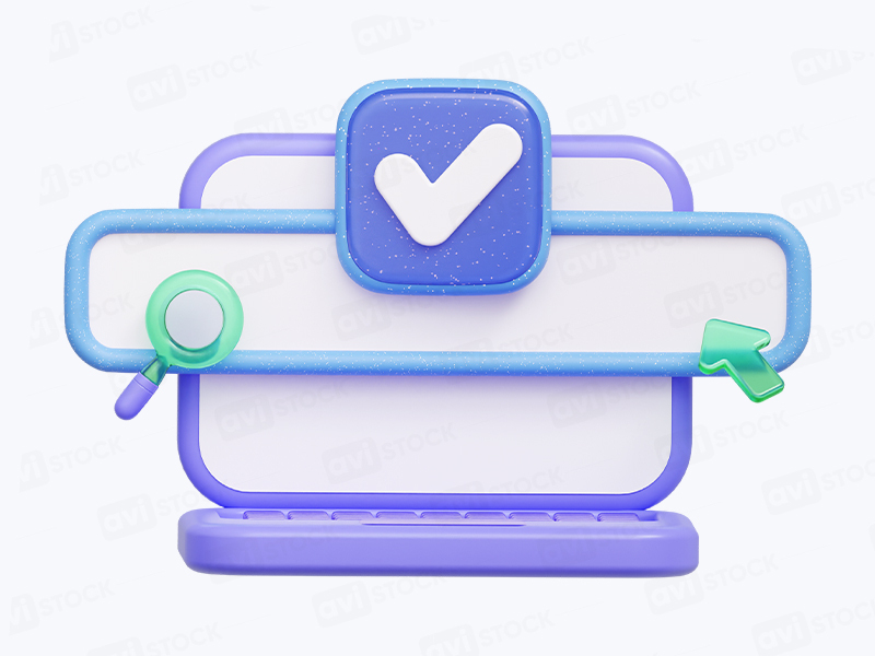 3D ноутбук с поисковой строкой, иконкой лупы и галочкой подтверждения